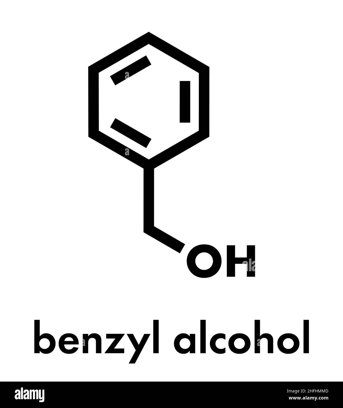 Benzylalkohol Lösungsmittel Molekül. Bei der Herstellung von Lack, Tinte, etc. Auch als Konservierungsmittel in Drogen verwendet werden. Skelettmuskulatur Formel. Stock Vektor