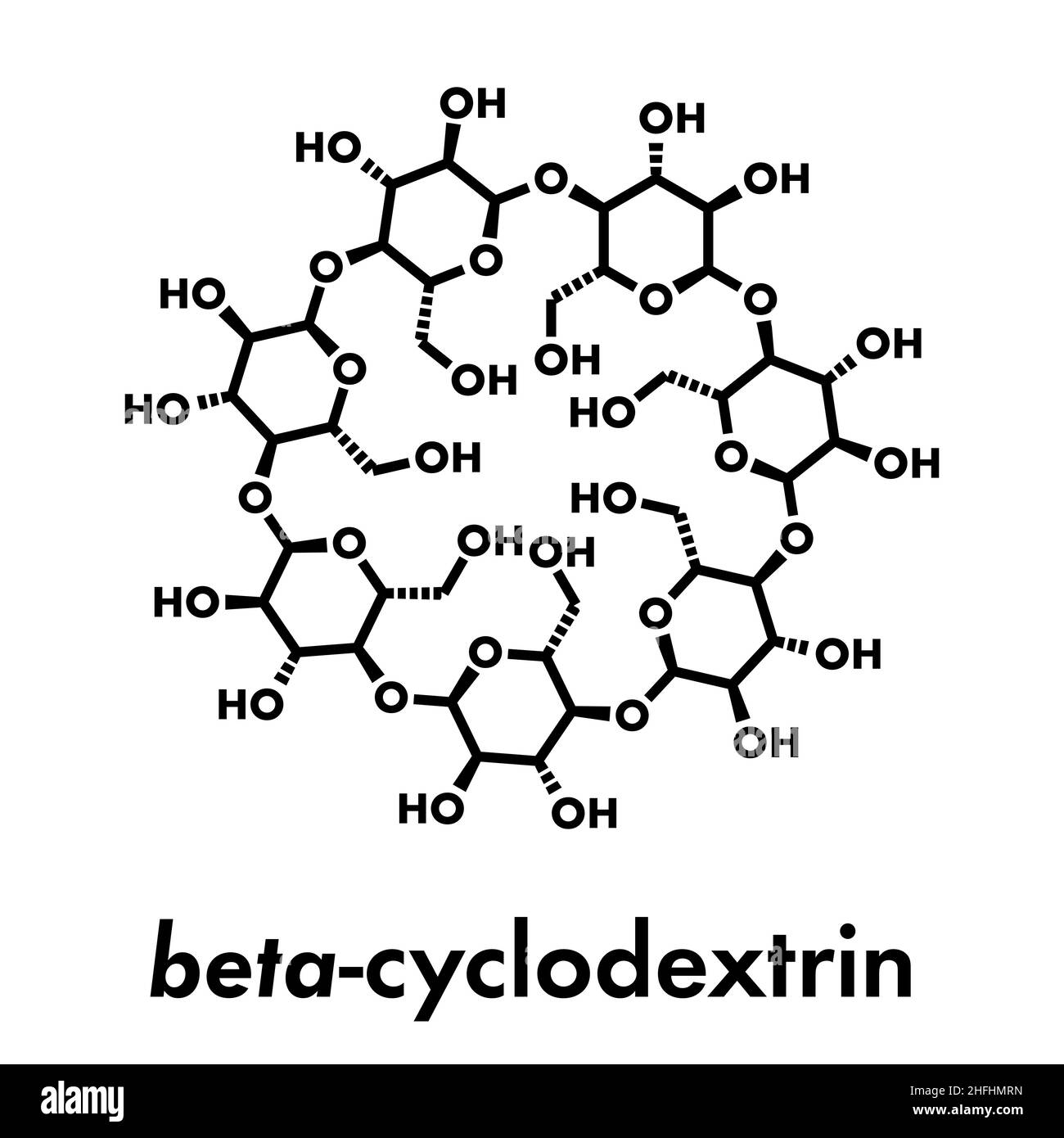 Beta-Cyclodextrin-Molekül. Verwendet in Pharmazeutika, Lebensmitteln, Deodorierungsprodukten, etc. Aus Glukosemolekülen zusammengesetzt. Skelettformel. Stock Vektor