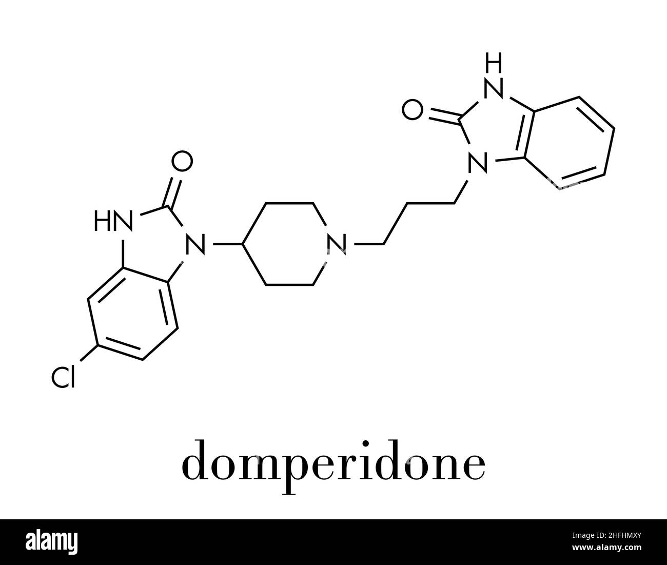 Domperidon Übelkeit und Erbrechen unterdrücken Droge Molekül. Auch verwendet, um die milchbildung zu fördern. Skelettmuskulatur Formel. Stock Vektor
