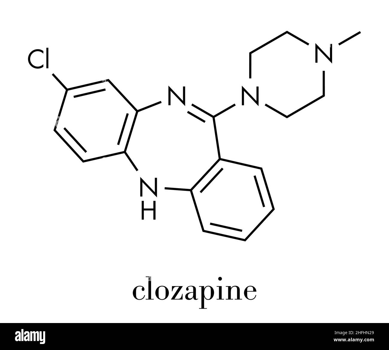 Clozapin atypisches antipsychotisches Rauschgift Molekül. Malignes Medizin in der Behandlung der Schizophrenie eingesetzt. Skelettmuskulatur Formel. Stock Vektor