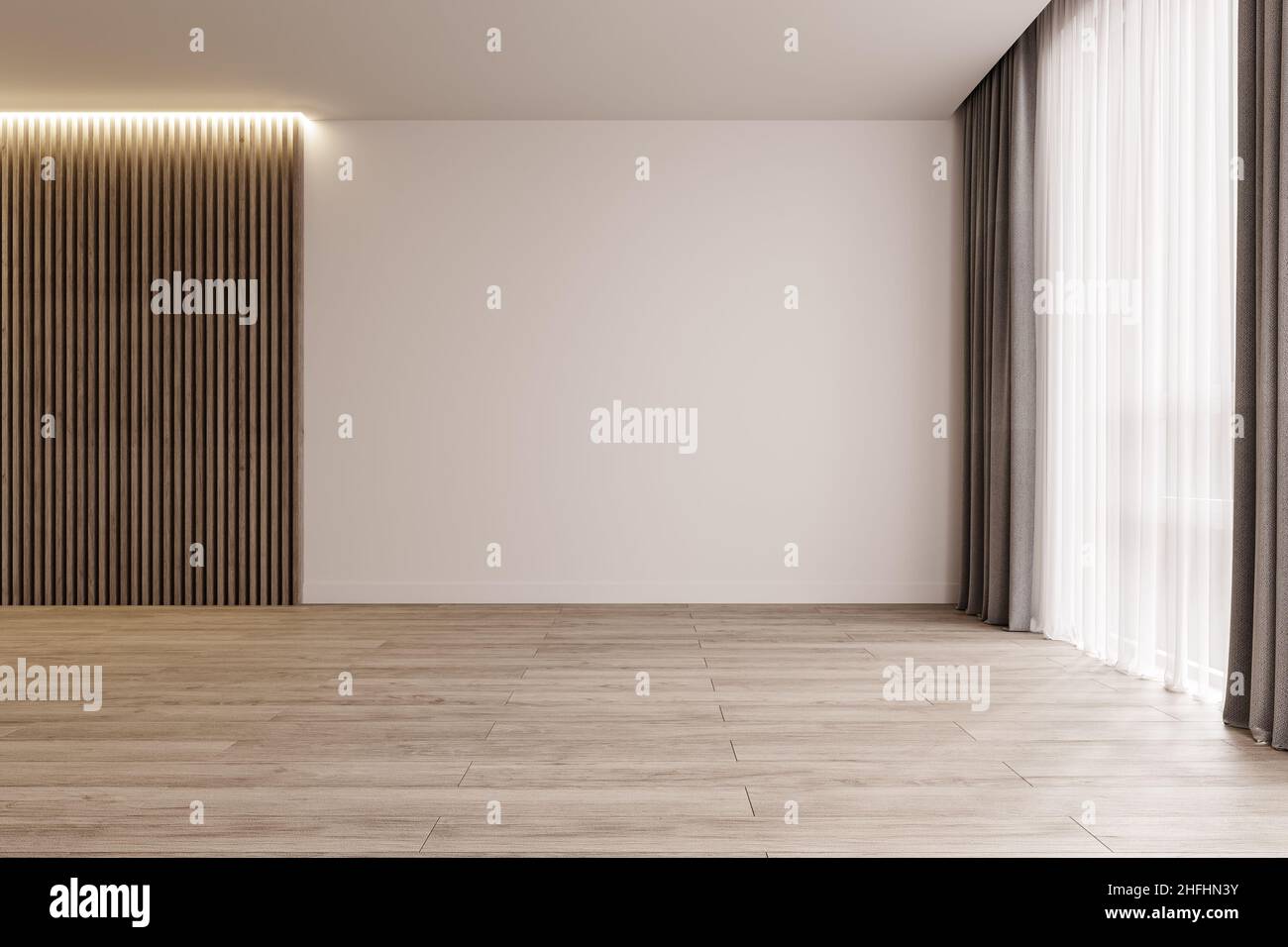 Moderne Innenarchitektur leeres Zimmer-Modell mit großem Fenster und beleuchteten Holzlatten, 3D Rendering Stockfoto