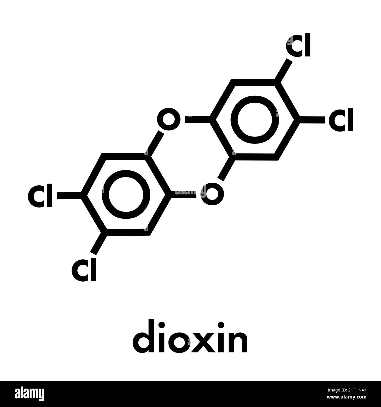 TCDD polychlorierte Dibenzodioxin Schadstoff Molekül (gemeinhin als Dioxin). Nebenprodukt gebildet während der Verbrennung von chlorhaltigen Materialien. Stock Vektor