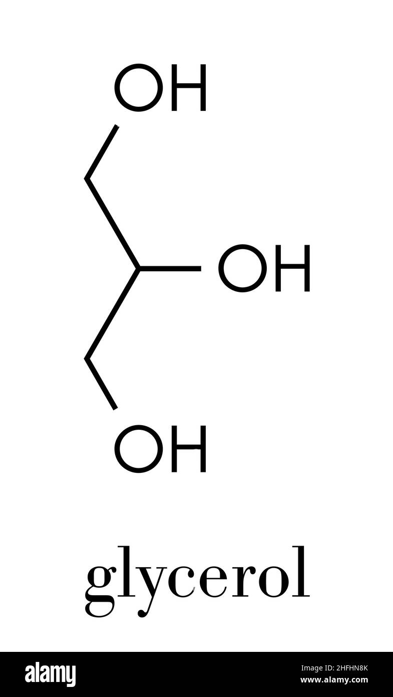 Glycerin (Glycerin) Molekül. Von Fett und Öl Triglyceride produziert. Als Süßstoff, Lösungs- und Konservierungsmittel in Lebensmitteln und Arzneimitteln verwendet. Skelettmuskulatur Formel Stock Vektor