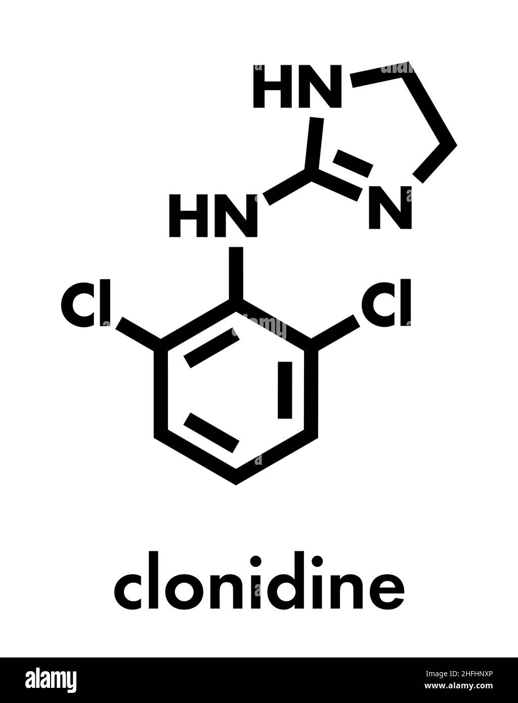 Clonidine drug Molecule. Bei der Behandlung von ADHD, Hypertonie, Migräne, Angststörungen, etc. der Skelettmuskulatur Formel verwendet wird. Stock Vektor
