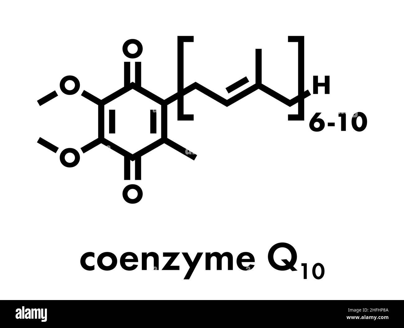 Coenzym Q10-Molekül (Ubiquinon, Ubidecarenon, CoQ10), chemische Struktur. Spielt eine wesentliche Rolle bei der Erzeugung von zellulärer Energie; hat Antiox Stock Vektor