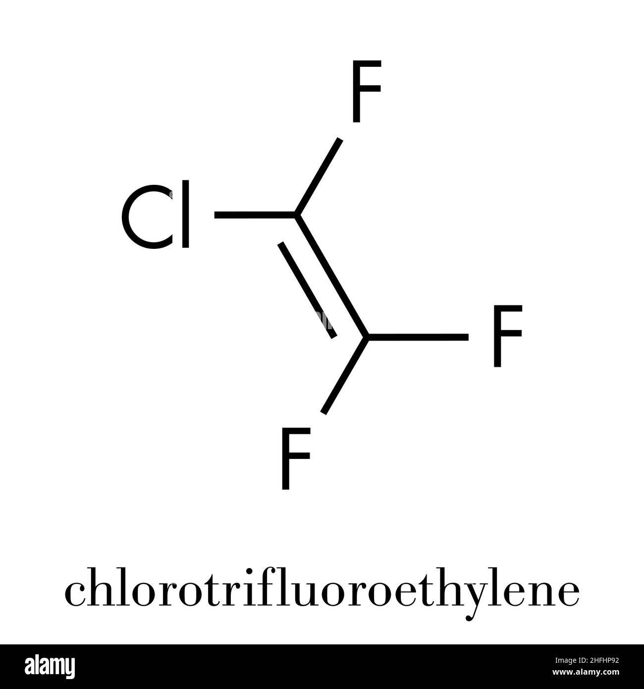 Kältemittelmolekül mit Chlorotrifluorethylen (CTFE) und Kunststoffbaustein aus Polychlorotrifluorethylen. Skelettformel. Stock Vektor