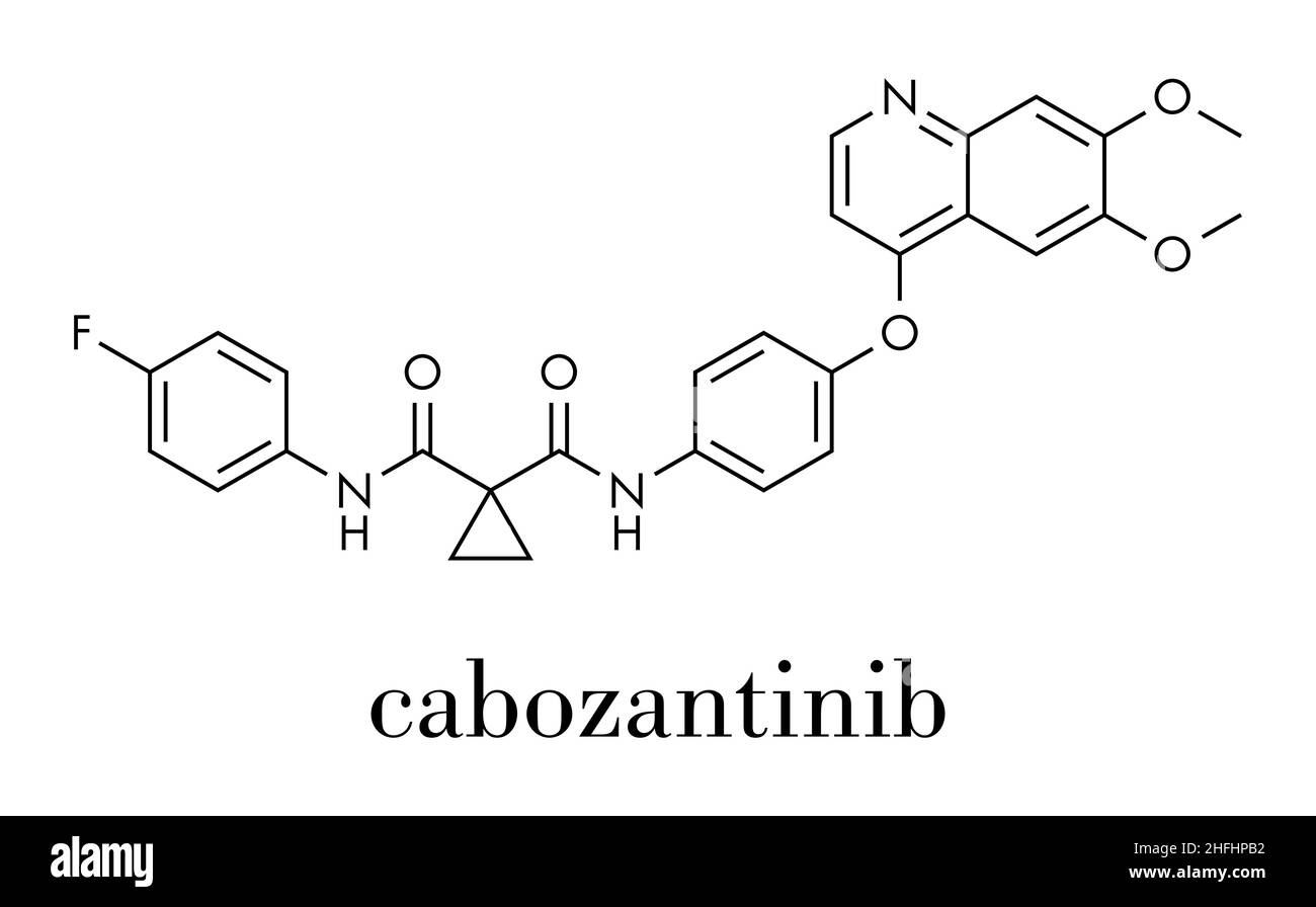 Cabozantinib-Krebsmedikamentenmolekül. Inhibitor von c-Met und VEGFR2 Tyrosinkinasen, verwendet bei der Behandlung von medullärem Schilddrüsenkrebs. Skelettformel. Stock Vektor