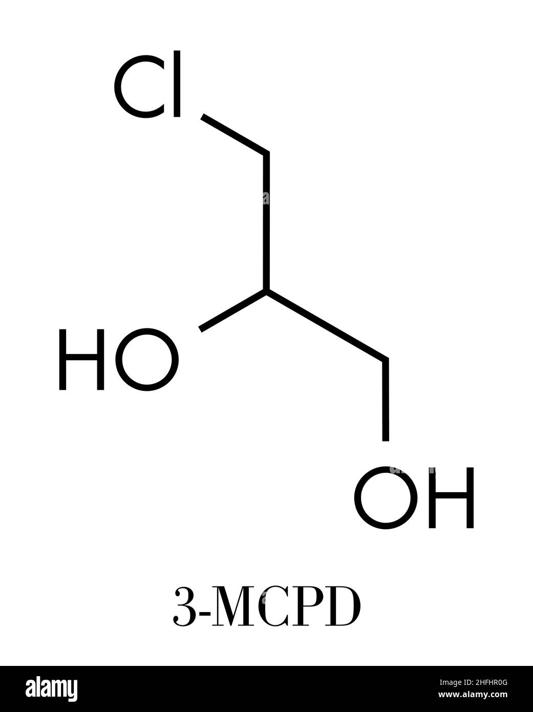 3-MCPD krebserregend Lebensmittel Nebenprodukt Molekül. Erzeugt, wenn Lebensmittel zu beschleunigen Proteinhydrolyse Salzsäure hinzugefügt wird. Skelettformel. Stock Vektor