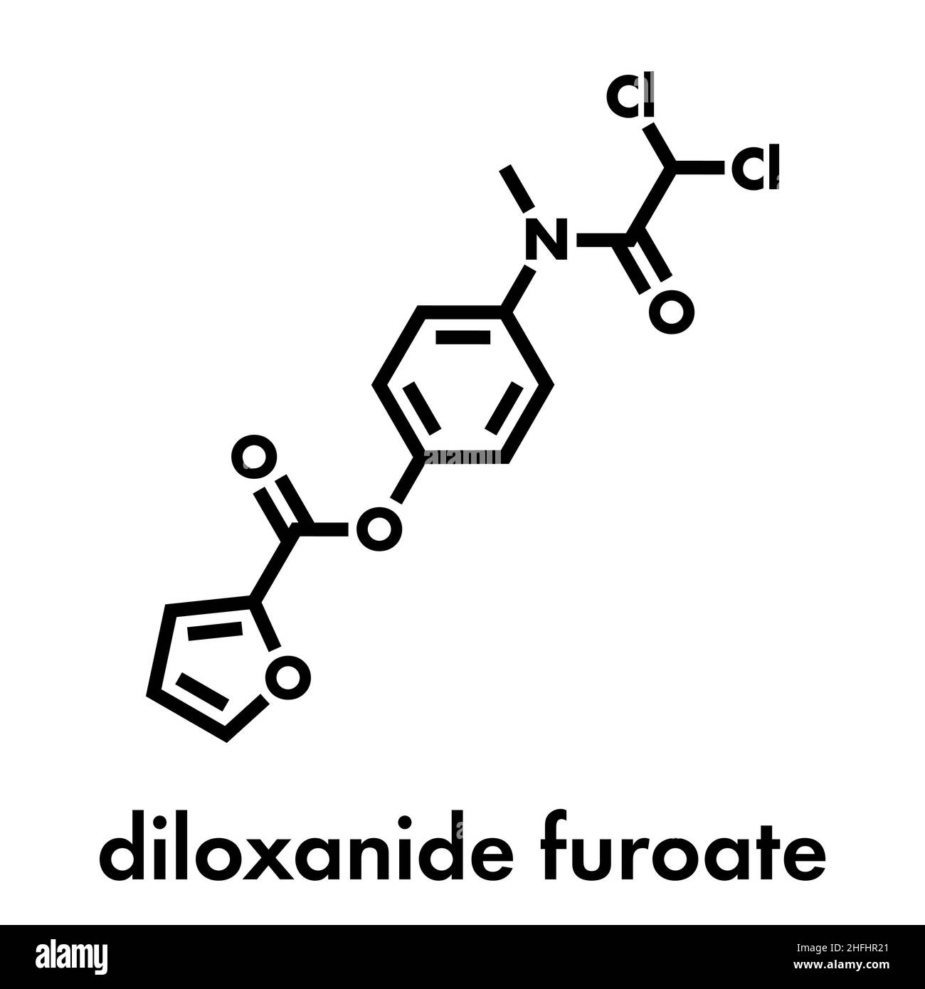 Diloxanid Furoat Amöbiasis-Medikamentenmolekül. Wird zur Behandlung von Entamoeba histolytica-Infektionen verwendet. Skelettformel. Stock Vektor
