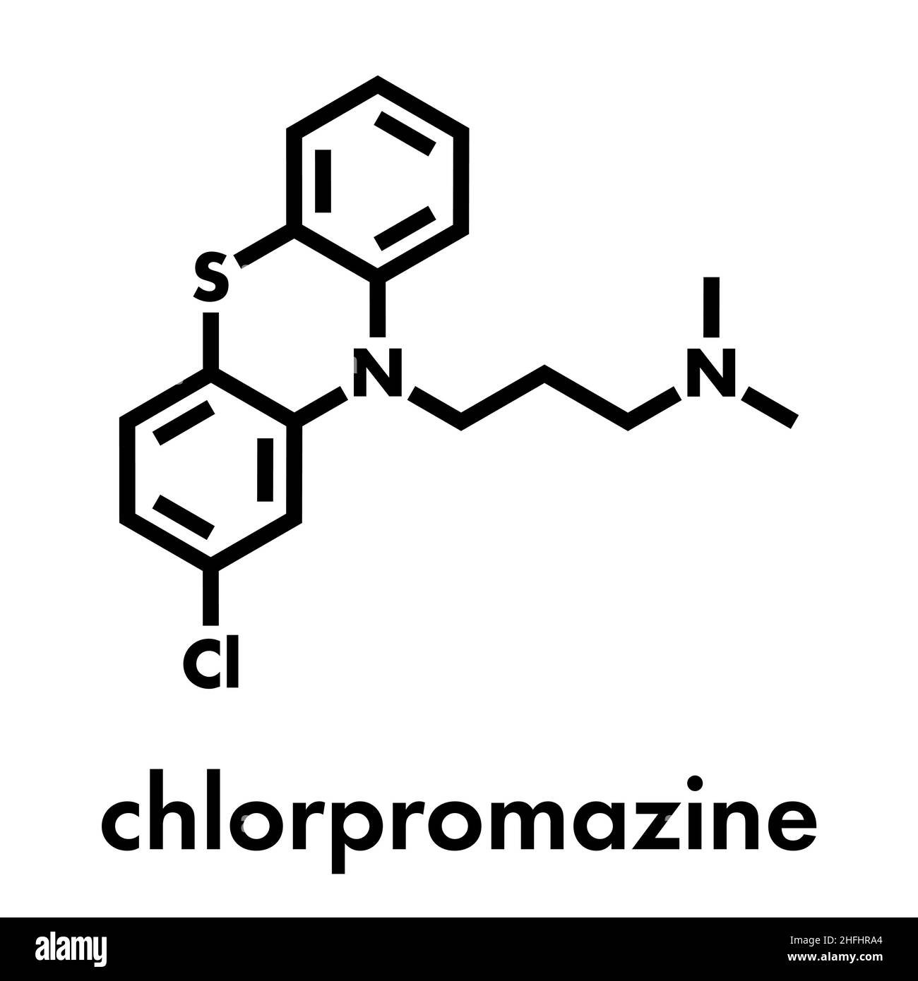 Chlorpromazin (CPZ) antipsychotische Droge Molekül. Zur Behandlung der Schizophrenie. Skelettmuskulatur Formel. Stock Vektor
