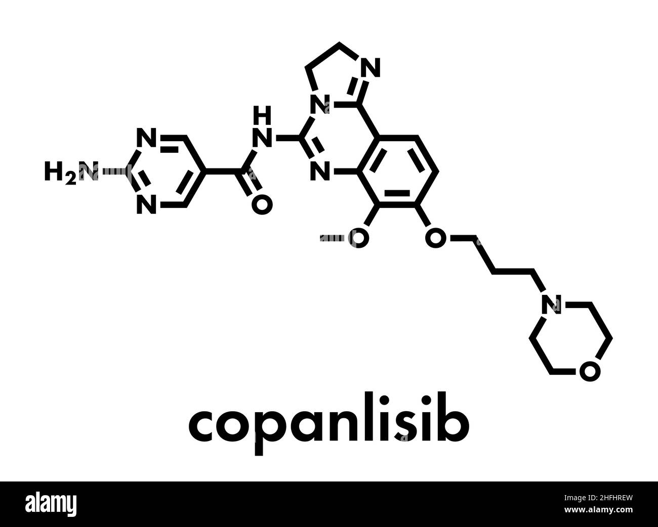 Copanlisib Krebsmedikament Molekül (PI3K-Inhibitoren). Skelettmuskulatur Formel. Stock Vektor