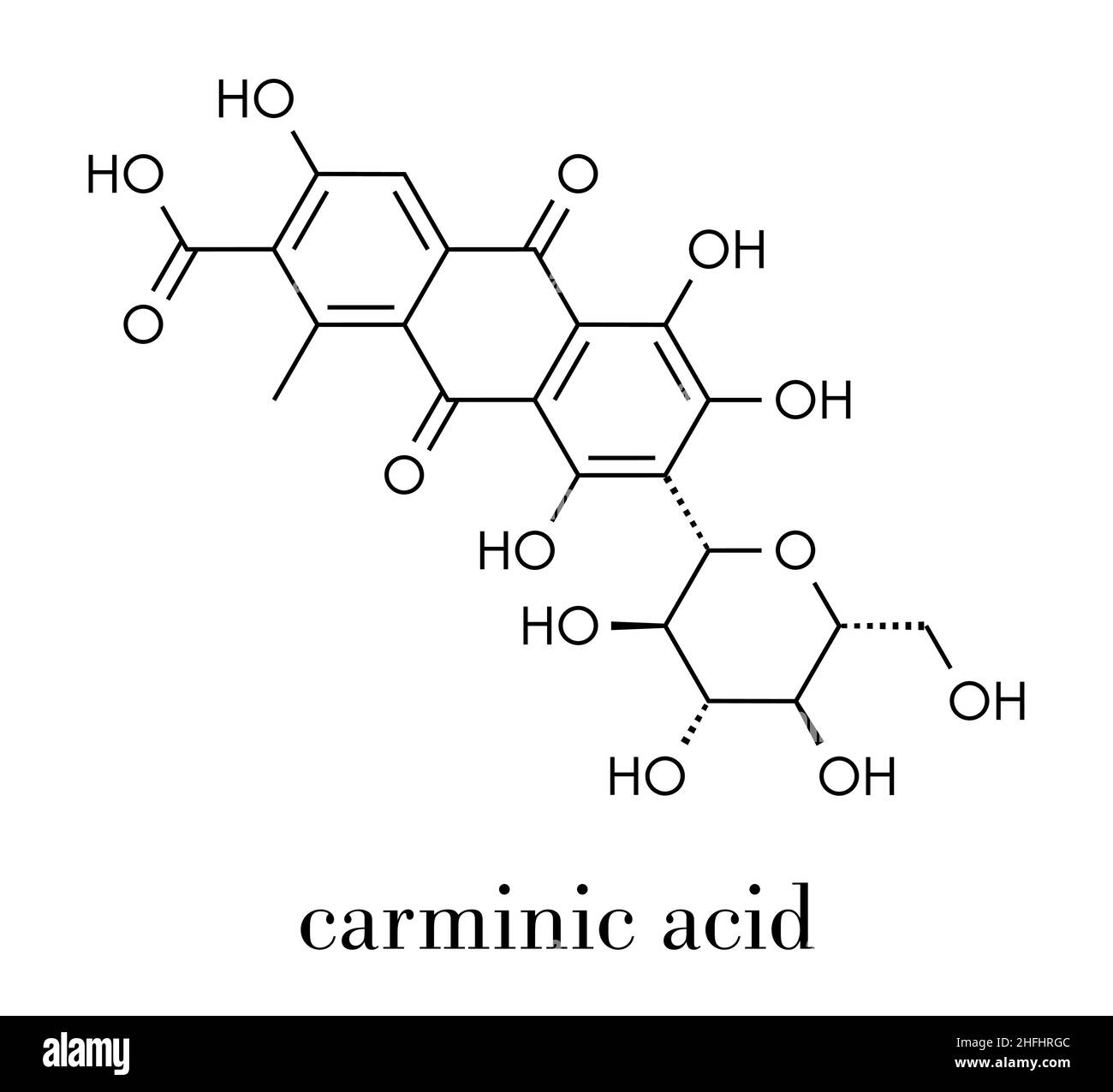 Carminsäure-Pigmentmolekül. Kommt natürlich in Cochineal (Schussinsekt) vor. Skelettformel. Stock Vektor