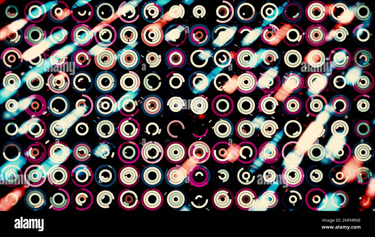 Abstrakter futuristischer Hintergrund mit sich bewegenden kleinen Kreisen und kleinen Partikeln, die sich hinter ihnen auf dem Hintergrund bewegen. Viele bewegliche Ringe auf schwarzem Backgrou Stockfoto