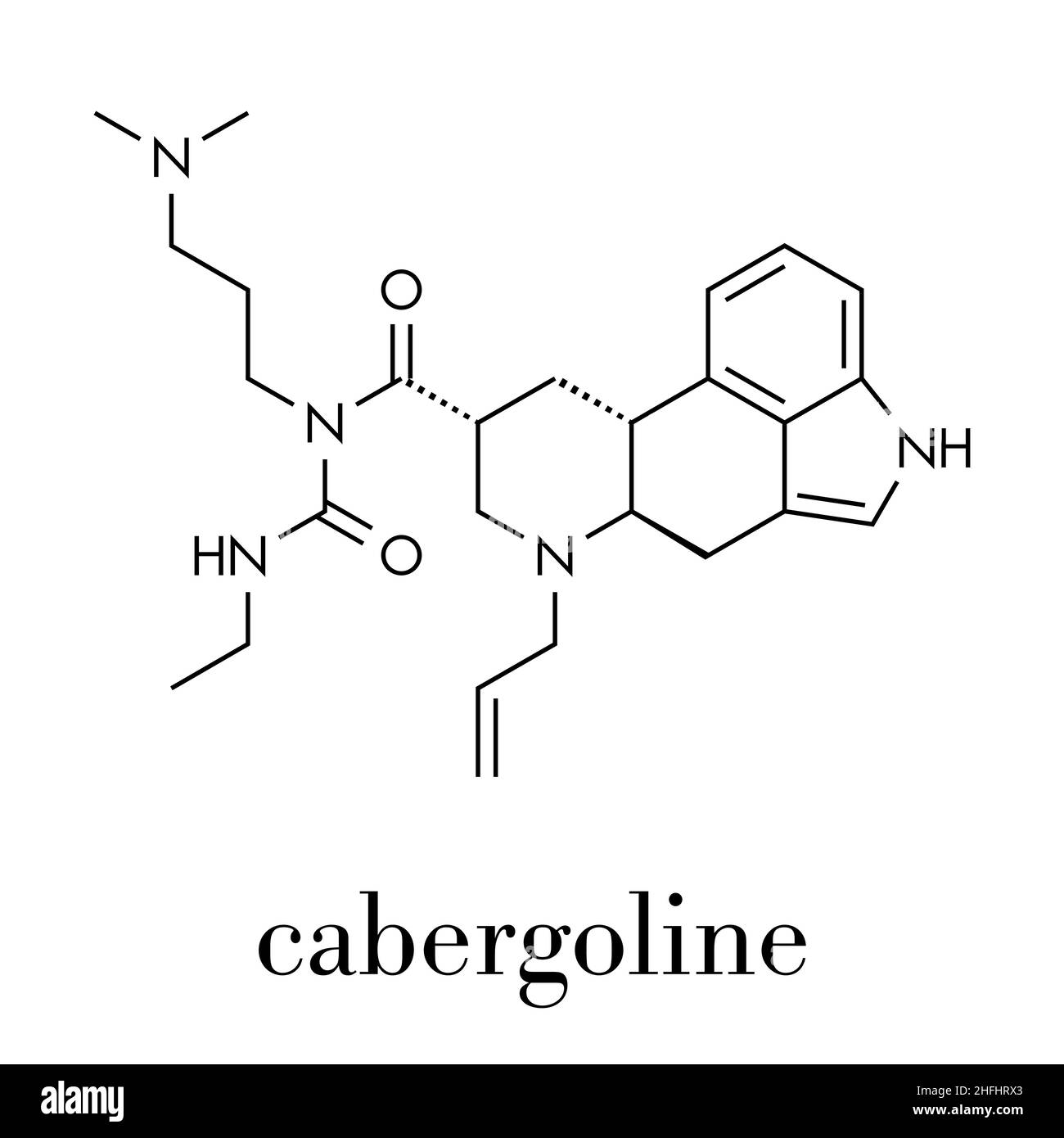 Cabergoline drug Molecule. Bei Morbus Parkinson und anderen Erkrankungen verwendet. Skelettmuskulatur Formel. Stock Vektor