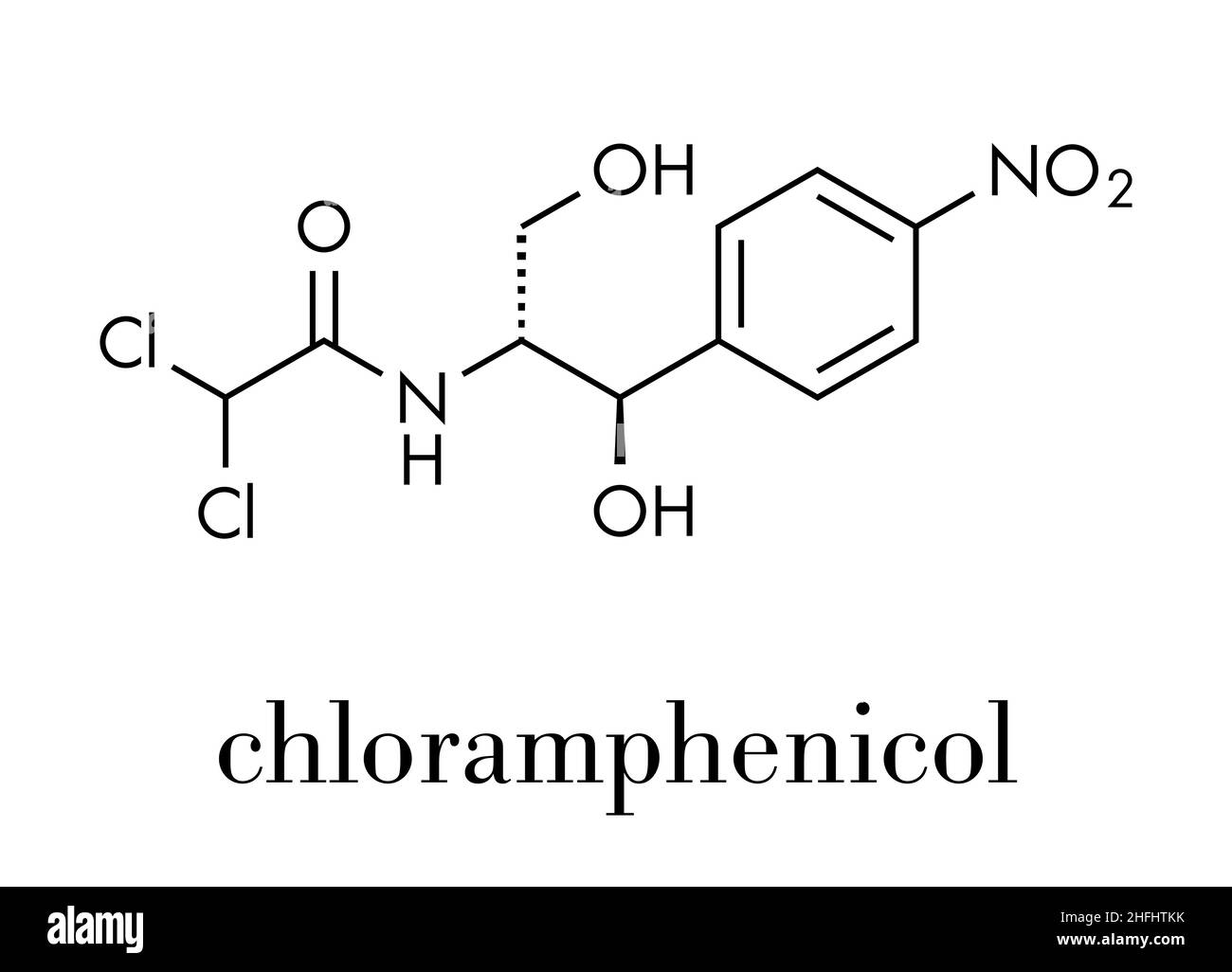 Chloramphenicol Antibiotikum Medikament Molekül. Skelettmuskulatur Formel. Stock Vektor