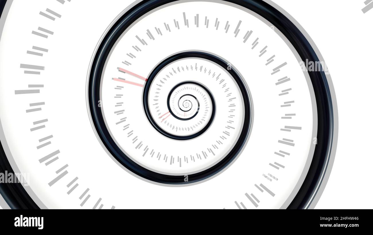 Abstrakter Zeittunnel mit Double-Vision-Effekt, nahtlose Schleife. Verschwommener, rotierender Trichter mit Zeigern und Markierungen auf weißem Hintergrund Stockfoto