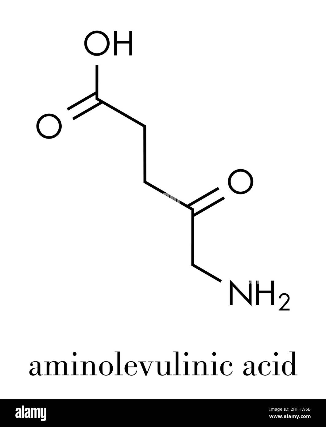 d-Aminolevulinsäure (ALA)-Medikamentenmolekül. Wird bei der Diagnose und Behandlung (photodynamische Therapie) von Krebs eingesetzt. Skelettformel. Stock Vektor