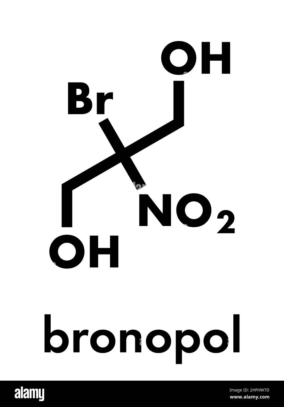 Bronopol Konservierungsmittel Molekül. Möglicherweise krebserregende Nitrosamine durch Bildung. Skelettmuskulatur Formel. Stock Vektor