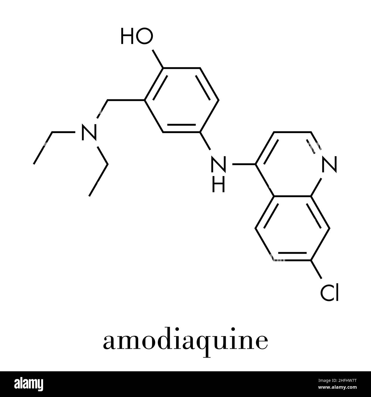 Amodiaquin Anti-Malarial-Wirkstoffmolekül. Skelettformel. Stock Vektor