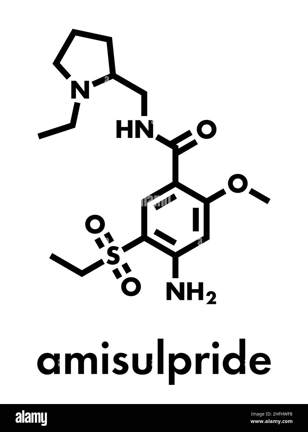 Amisulprid-Wirkstoff-Molekül. Skelettformel. Stock Vektor
