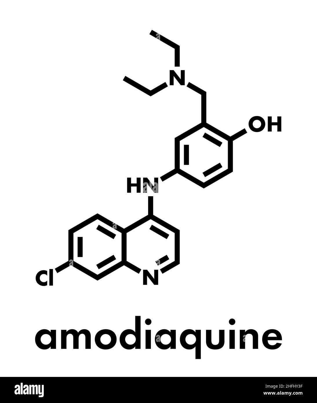 Amodiaquin Anti-Malarial-Wirkstoffmolekül. Skelettformel. Stock Vektor