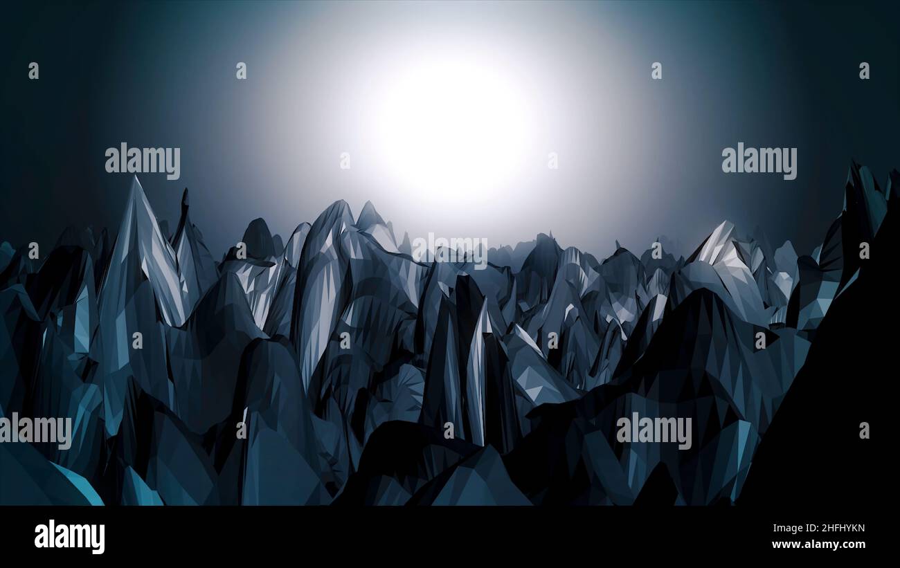 Animierte Landschaft aus Bergen und Mond. Animation der Bewegung entlang der gezeichneten Berge. Stockfoto