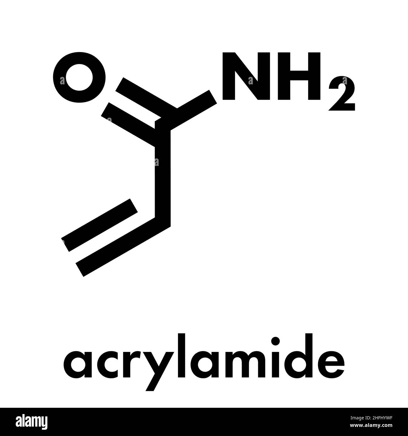 Acrylamid-Molekül, Polyacrylamid-Baustein und wärmegegenerierter Lebensmittelschadstoff. Skelettformel. Stock Vektor