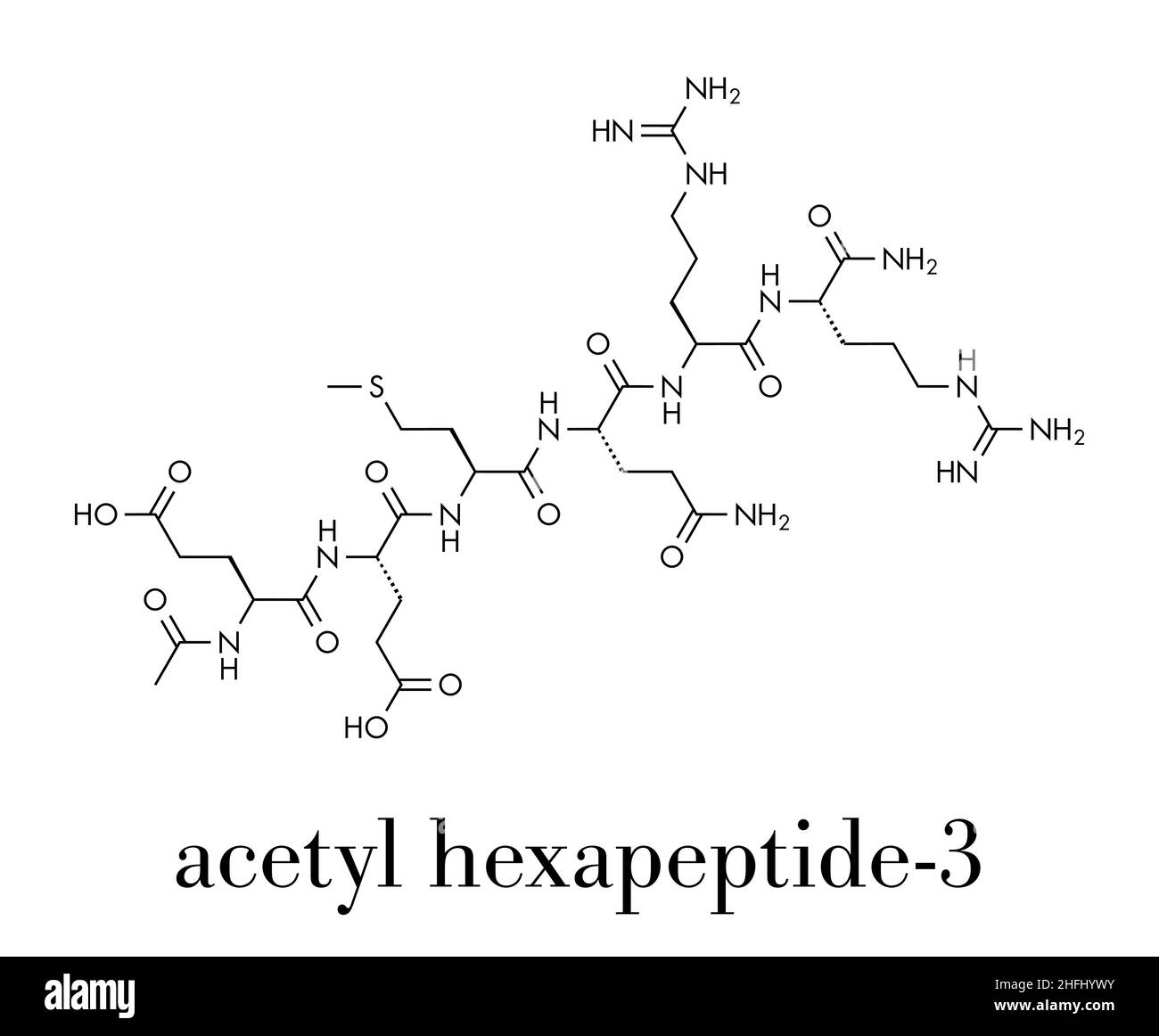 Acetylhexapeptid-3-Molekül (argireline). Peptidfragment von SNAP-25. Wird in Kosmetika zur Behandlung von Falten verwendet. Skelettformel. Stock Vektor