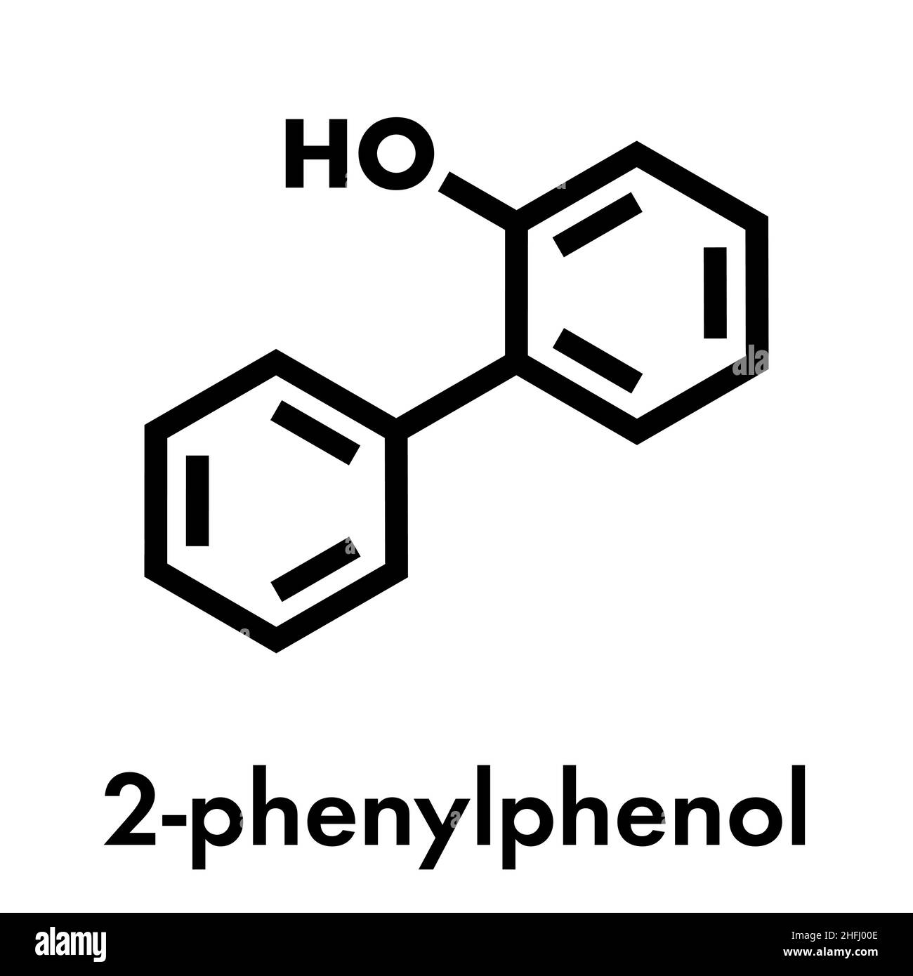 2-phenylphenol Konservierungsmittel Molekül. Biozid verwendet als Lebensmittelzusatzstoff, Konservierungsmittel, und Desinfektionsmittel. Skelettmuskulatur Formel. Stock Vektor