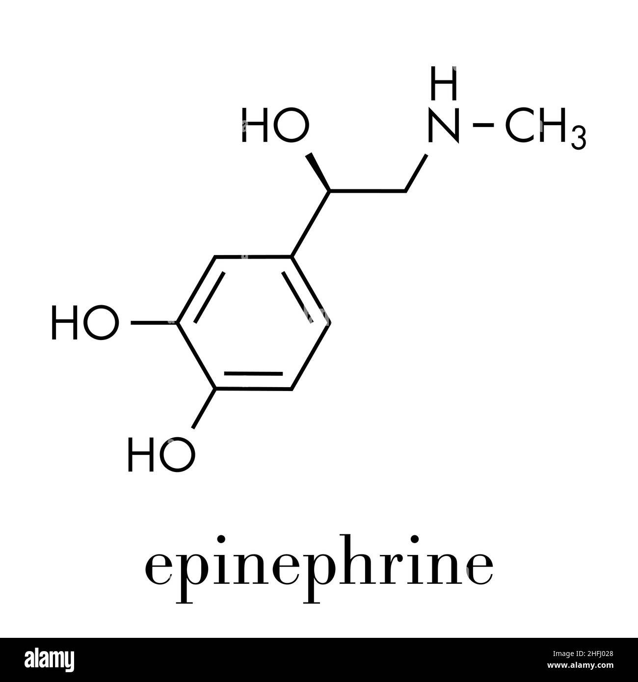 Adrenalin (Adrenalin, Noradrenalin) Neurotransmitter Molekül. Als Medikament in der Behandlung der anaphylaxie Skelett Formel verwendet wird. Stock Vektor