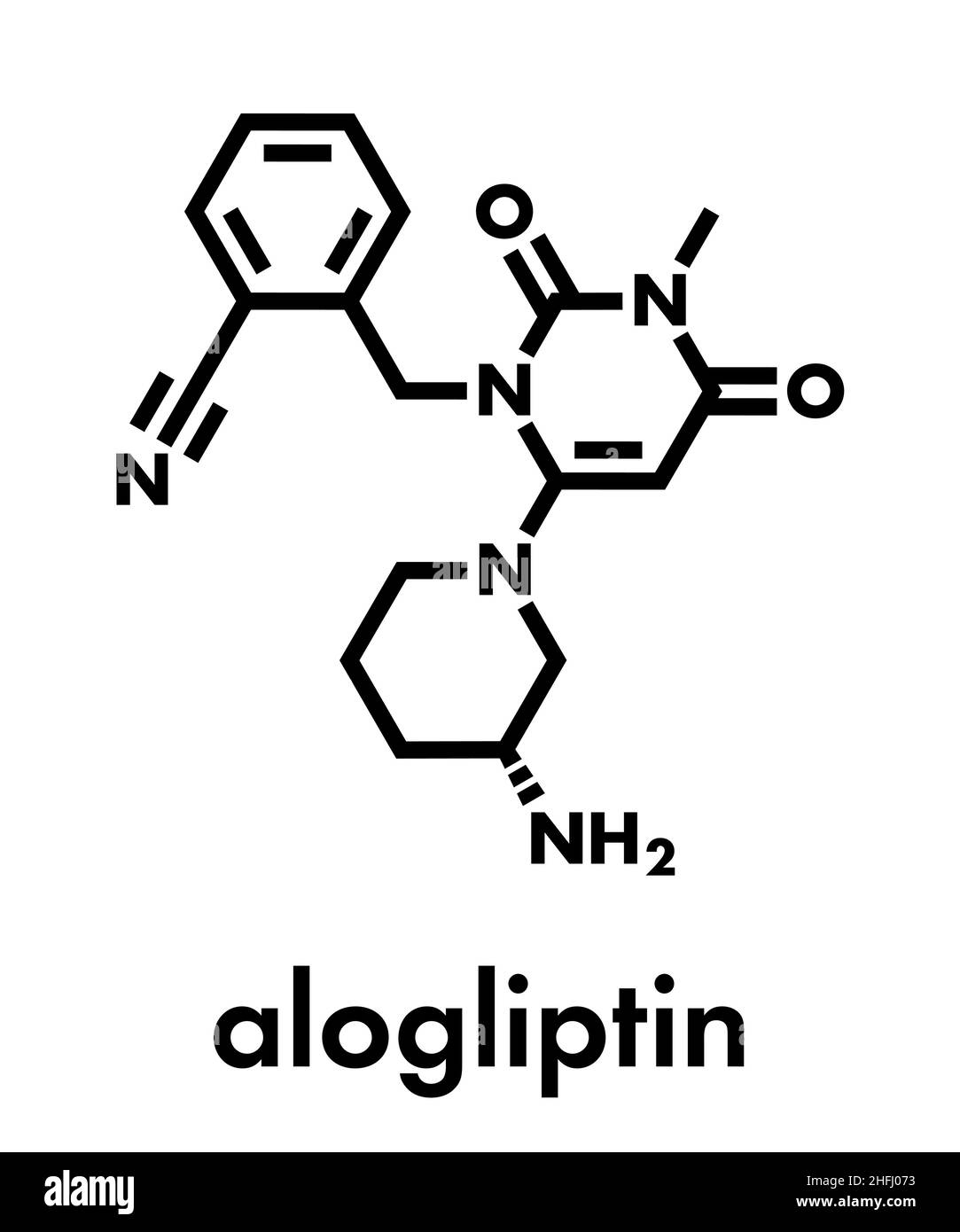 Alogliptin Diabetes Drug molecule. Gehört zur dipeptidyll peptidase 4 (DPP-4) oder gliptin Klasse der Antidiabetika. Skelettmuskulatur Formel. Stock Vektor