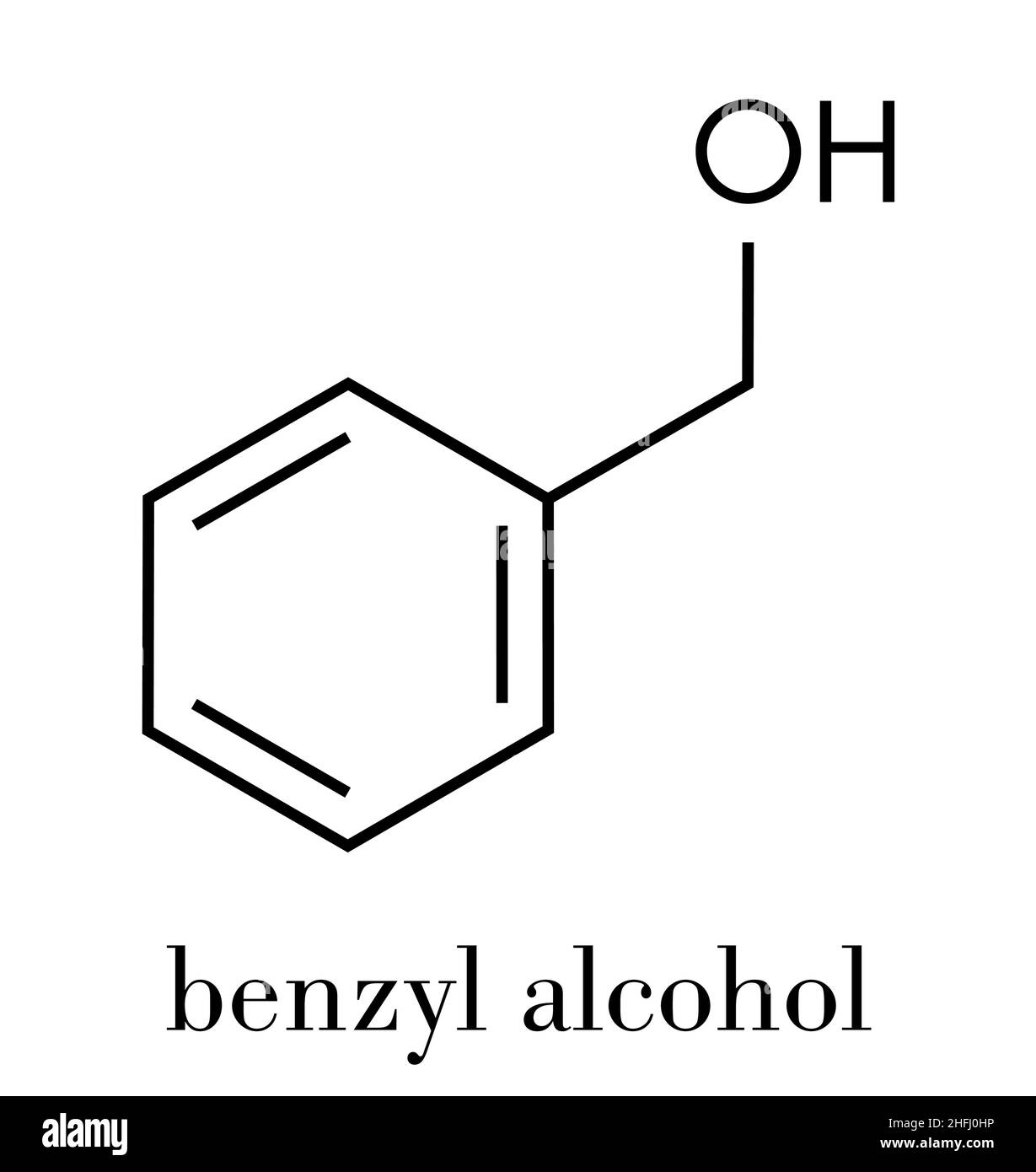 Benzylalkohol Lösungsmittel Molekül. Bei der Herstellung von Lack, Tinte, etc. Auch als Konservierungsmittel in Drogen verwendet werden. Skelettmuskulatur Formel. Stock Vektor