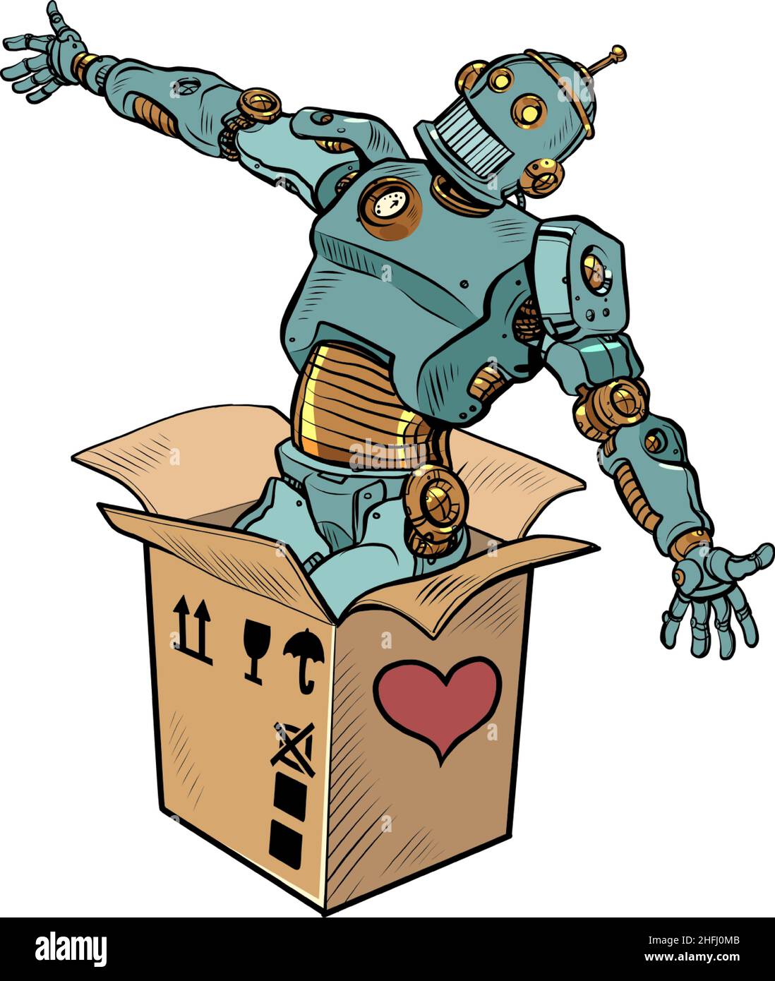 Roboter mechanische Spielzeugbox valentine Überraschungsgruß, Liebe Romantik isolieren auf einem weißen Hintergrund Stock Vektor