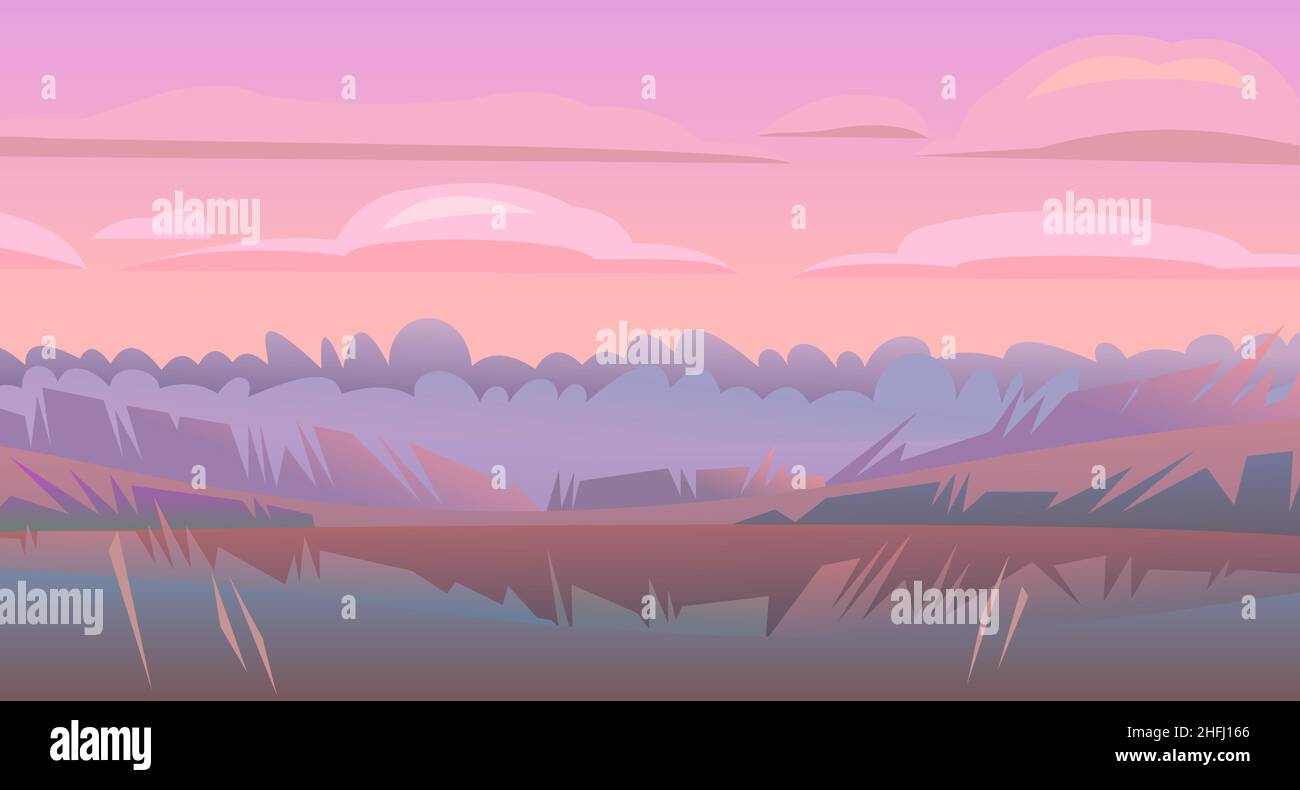 Abendlandschaft. Ländliche Landschaft schöne Aussicht. Dämmerung nach Sonnenuntergang. Früh am Morgen vor Sonnenaufgang. Felder und Wiesen. Nahaufnahme des Grases. Flach Stock Vektor
