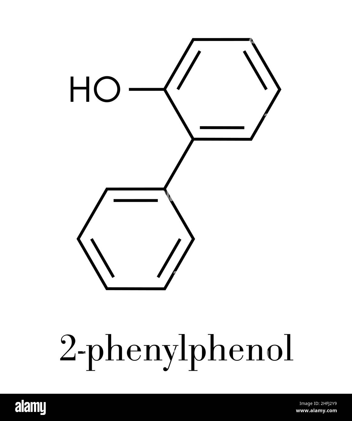 2-phenylphenol Konservierungsmittel Molekül. Biozid verwendet als Lebensmittelzusatzstoff, Konservierungsmittel, und Desinfektionsmittel. Skelettmuskulatur Formel. Stock Vektor