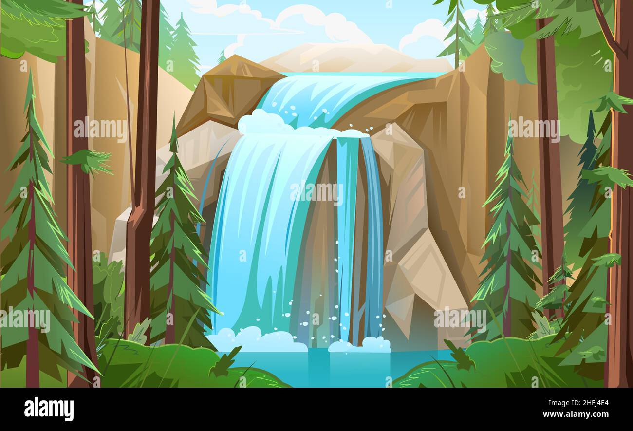 Landschaft mit Wasserfall zwischen Felsen. Kaskade schimmert nach unten. Fließendes Wasser. Schöner Cartoon-Stil. Flaches Design. Vektor. Stock Vektor