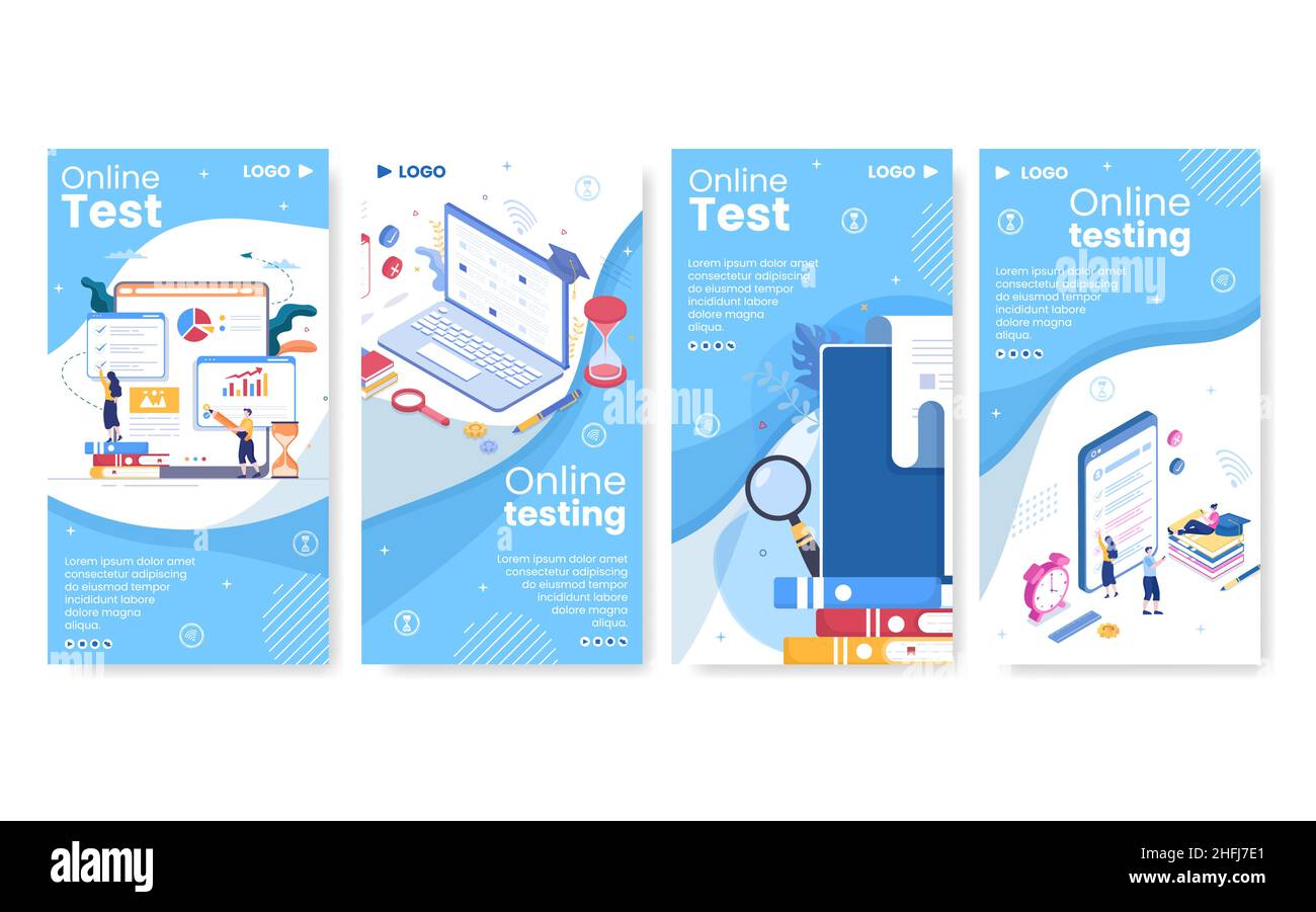 Online Testing Course Stories Template Flat Design Illustration editierbarer quadratischer Hintergrund für Social Media, E-Learning und Bildungskonzept Stock Vektor