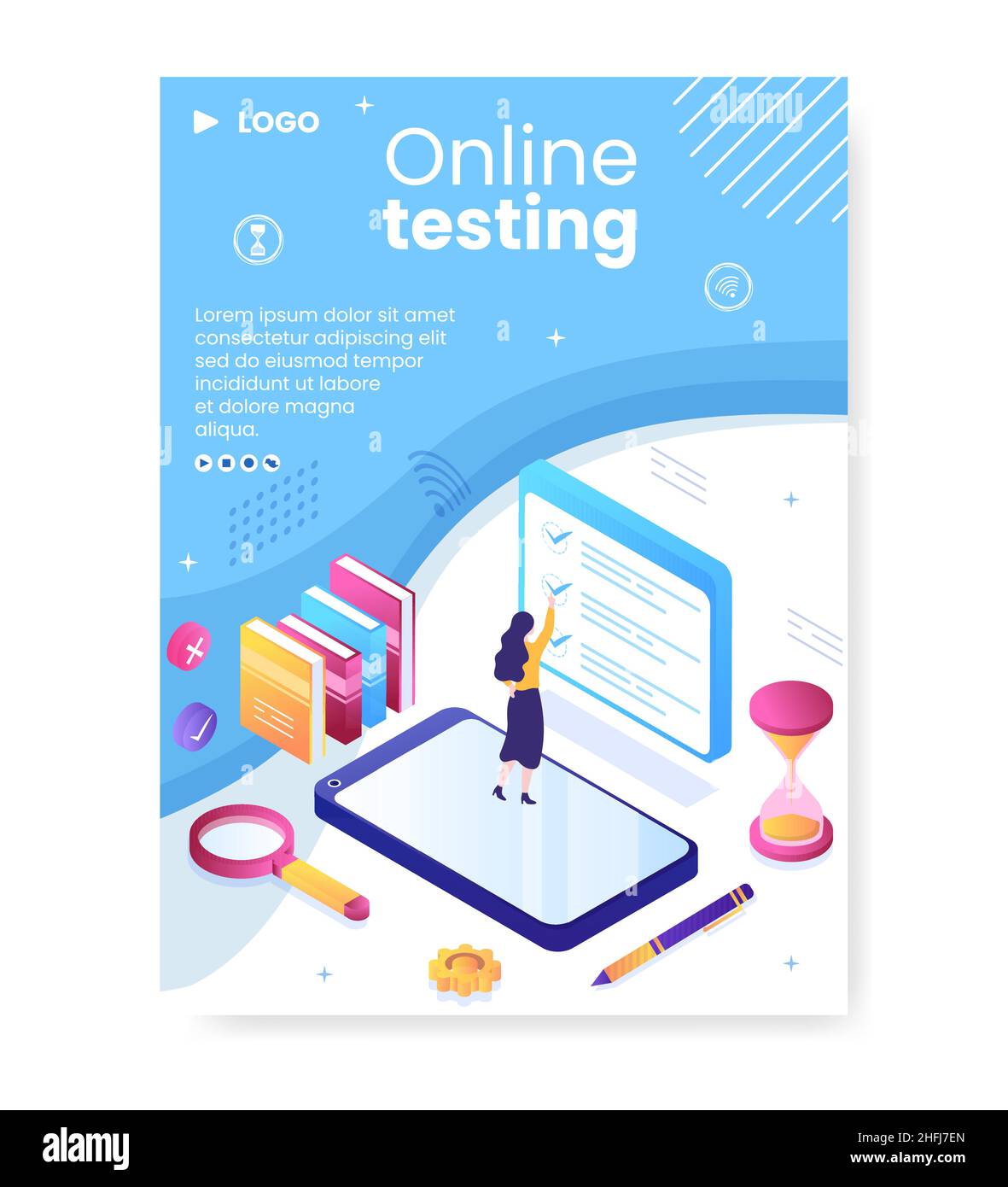 Online-Testkurs Poster Vorlage Flat Design Illustration editierbar von quadratischen Hintergrund für Social Media, E-Learning und Bildungskonzept Stock Vektor