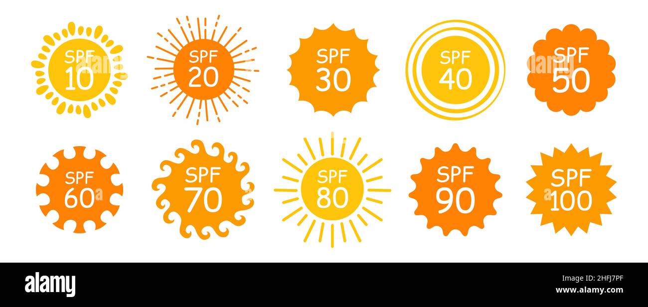 Sonnenschutz Sonnenschutzschild Set. Solar Shine SPF Sonnen Verteidigung Symbol Sammlung. Sichere Sonnenbräune am Strand im Sommer. Einfacher Schutz vor uv-Strahlung Sonnenstrahlen Vektor-Design-Elemente Stock Vektor