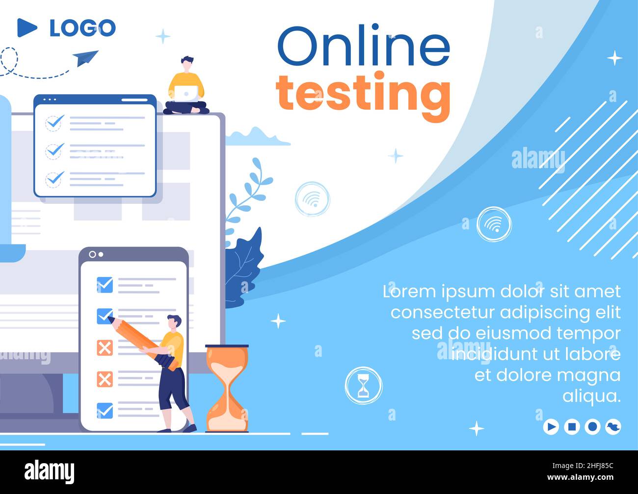 Online-Testkurs Broschüre Vorlage Flat Design Illustration editierbar von quadratischen Hintergrund für Social Media, E-Learning und Bildungskonzept Stock Vektor