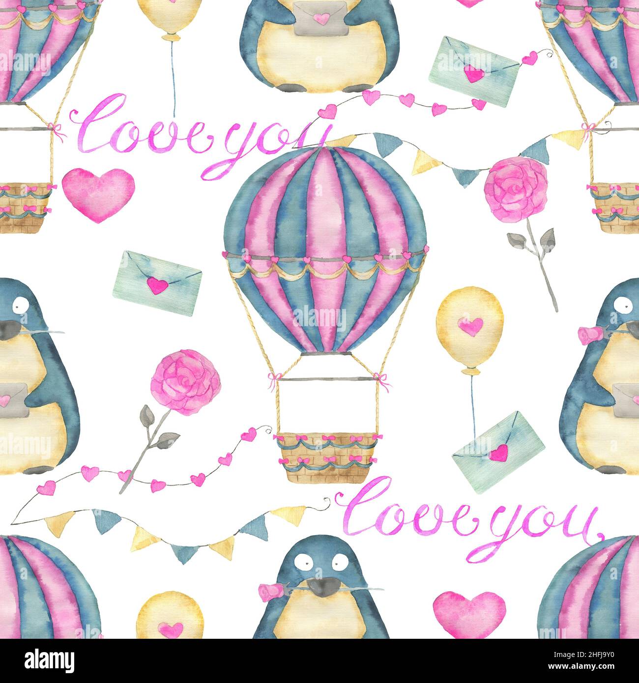 Design-Set mit entzückenden Kawaii Pinguin Vogel mit Herzen und Liebe Symbole isoliert auf weiß, Konzept für Valentinstag Grußkarte Stockfoto