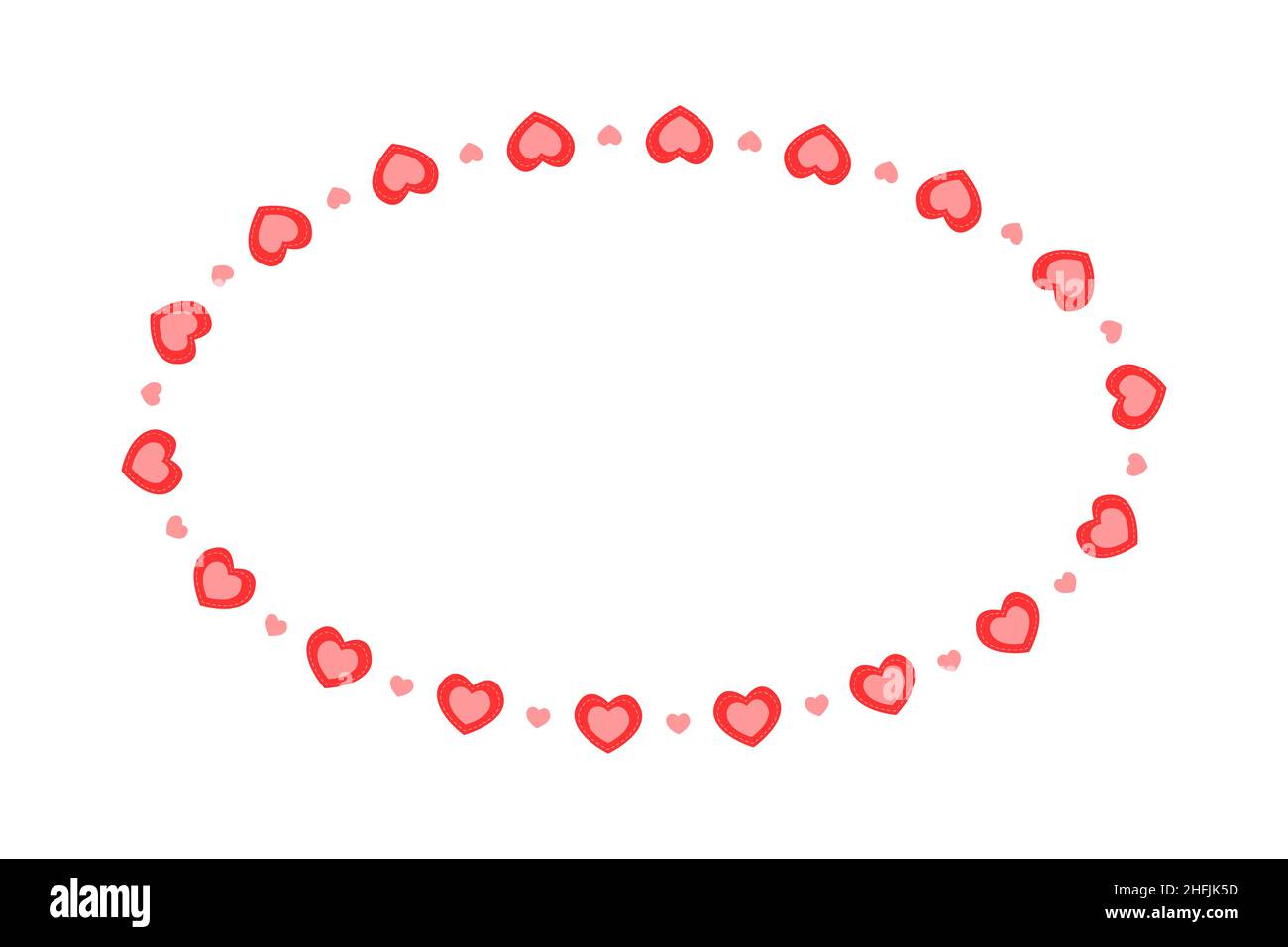 Ovaler Rahmen mit Herzen. Vorlage für Valentinskarte, Hochzeitseinladung, Foto, Bild, Banner. Flache Vektorgrafik isoliert auf weißem Hintergrund. Stock Vektor
