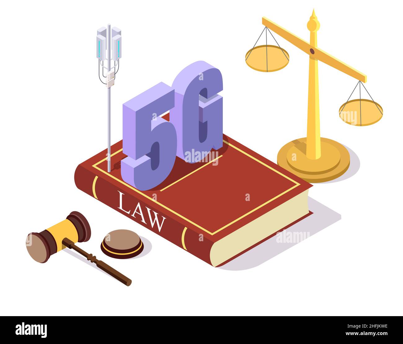 5G Darstellung des Reglungs- und Rechtsvektorkonzepts. Isometrisches 5G Zeichen auf dem Gesetzbuch, Waagen der Gerechtigkeit, Richter gavel. Stock Vektor