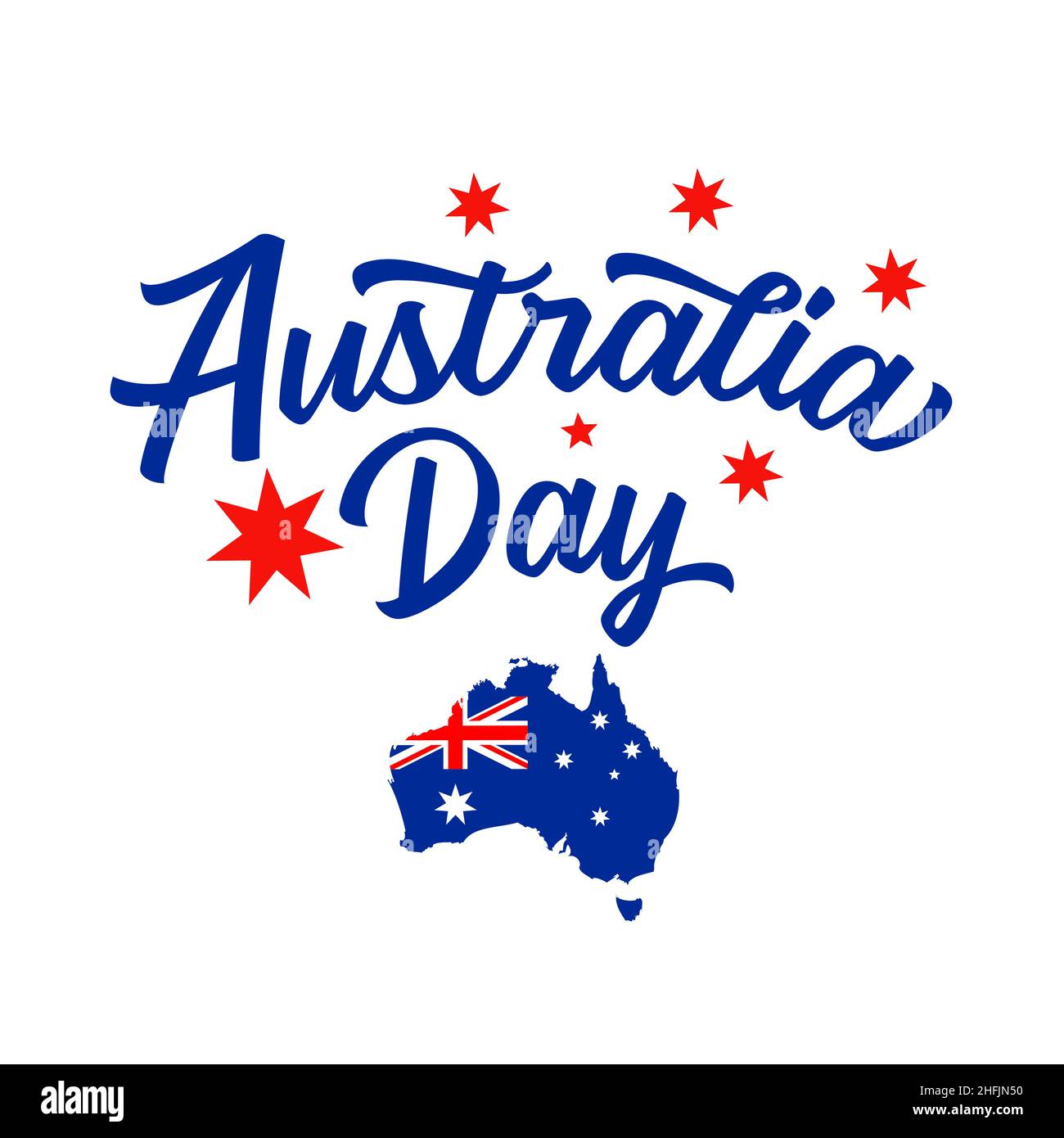 Schriftzug am Australia Day und australische Karte mit Flagge. Karte von Australien mit der Dekoration der Nationalflagge und Grußtext. Vektorgrafik Stock Vektor
