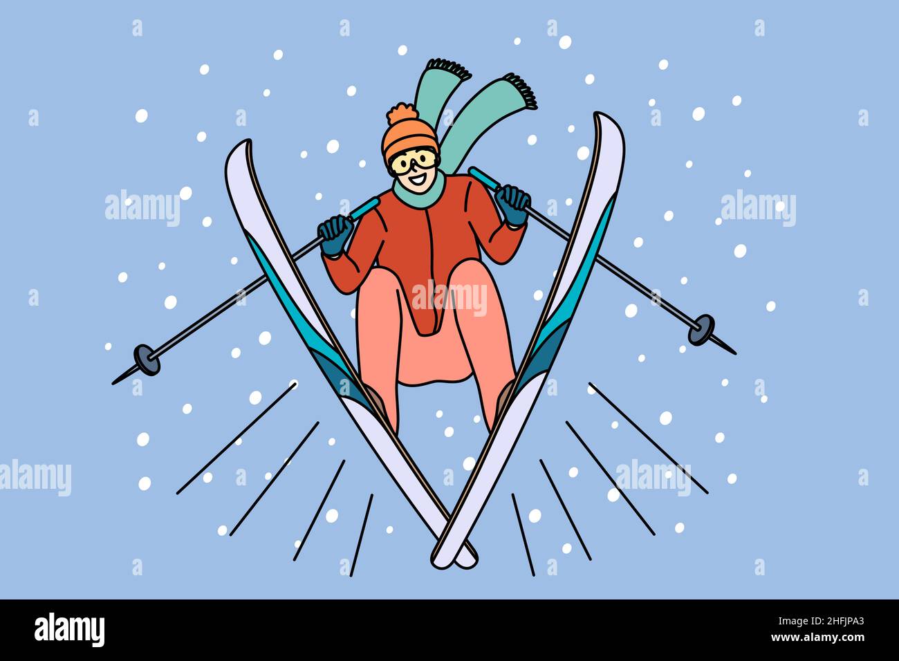 Winteraktivitäten und Sportkonzept. Junger lächelnder Mann Sportler Skifahrer in Sportkleidung gehen, um Pisten auf Ski im Winter mit Spaß Vektor Illustration fahren Stock Vektor