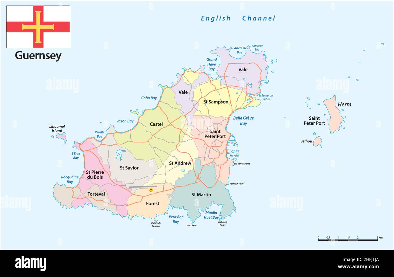 Verwaltungsbezirke und Straßenkarte Karte der Kanalinsel Guernsey mit Flagge Stock Vektor