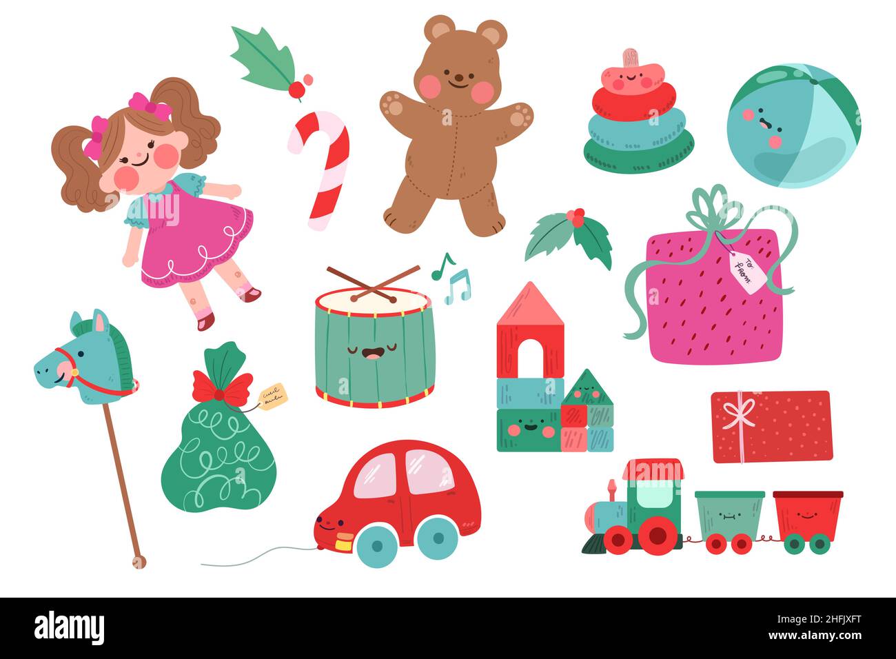 Flache weihnachten Spielzeug Set Vektor-Illustration. Stock Vektor
