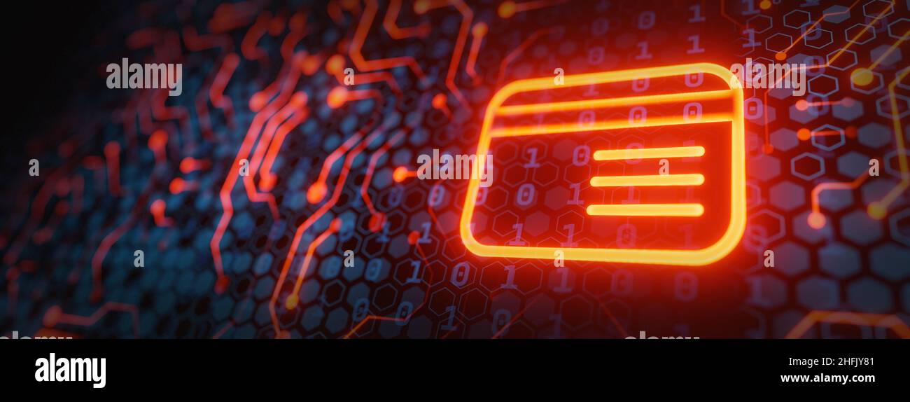 Digitale Bezahlschnittstelle 3D Wiedergabe von neon-roter Kreditkarte Stockfoto