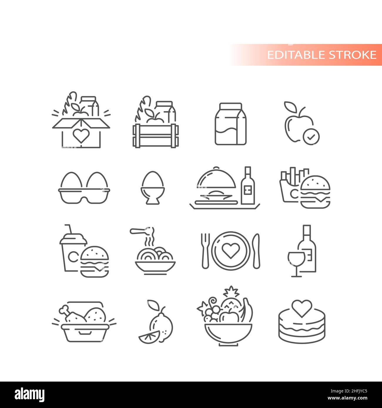 Essen, leckere Lebensmittel Kiste, Kugel von Früchten. Kuchen, Eier, mitnehmen Lieferung skizziert Vektor-Symbol-Set. Stock Vektor