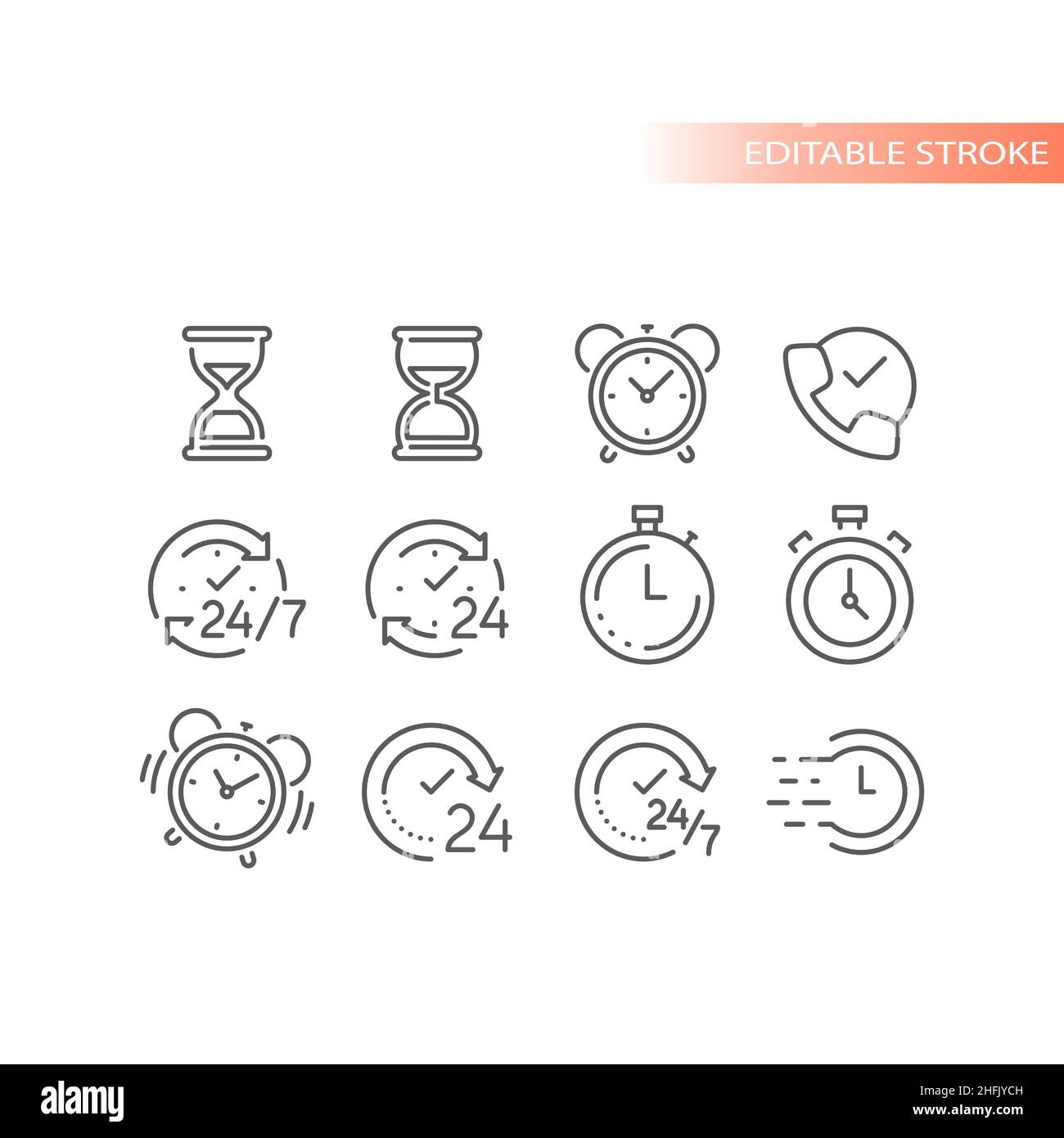 Vektorsymbol für umrissene Uhr eingestellt. Stoppuhr, Wecker, Sanduhr und 24-Stunden-Zeitschaltuhren. Stock Vektor